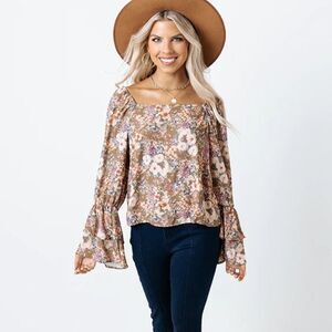 Peach Love California floral boho long bell sleeve flowy blouse Womens L